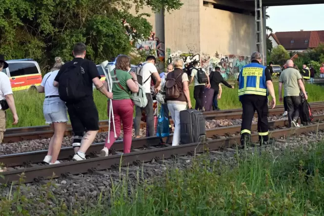 Fahrgäste auf dem Weg zur Auffangstation: Am Sonntag musste ein Zug nach einem Unfall bei Bobenheim-Roxheim evakuiert werden.
