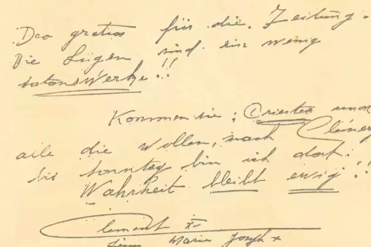 Diese handschriftliche Notiz hat Michel Collin, alias Papst Clemens XV., 1964 der RHEINPFALZ geschickt, als er mit deren Bericht