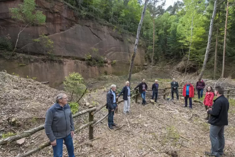 Der Arbeitskreis begutachtet sein Werk: Der Steinbruch am Hinkelsteinweg ist freigelegt und soll zum Verweilen einladen.