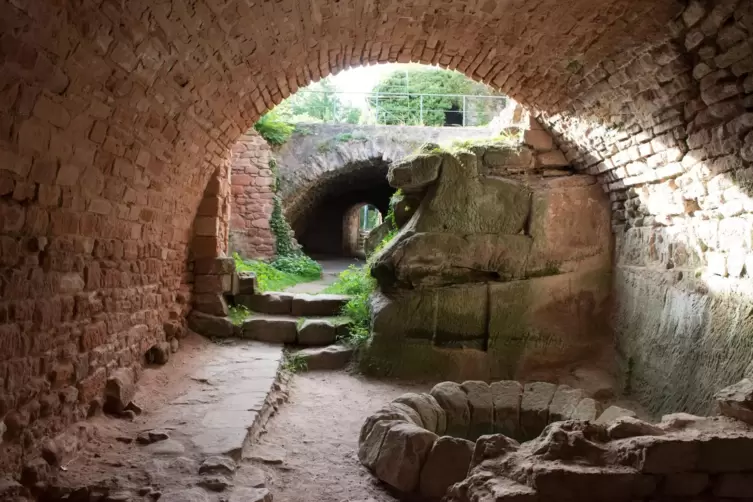 Im „Bauch“ von Burg Drachenfels: Kellergewölbe eines Wohngebäudes in der Unterburg; vorne rechts eine runde Zisterne. 