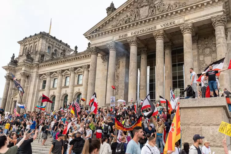 Demonstranten schwenken Fahnen vor dem Reichstag.