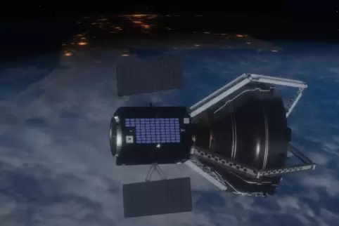 Eingefangen: Die Greifarme des ClearSpace-1-Raumschiffs haben das Weltraumschrottteil namens Vespa fest im Griff. 