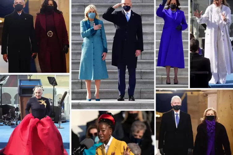 Modenschau Präsidenteninaugaration: links unten Lady Gaga, Vizepräsidentin Kamala Harris im Yves-Klein-blauen Königinnenmantel. 