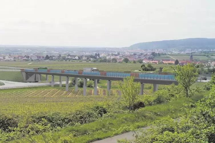 Vor allem die Talbrücke bei Herxheim am Berg – hier eine Visualisation des Landesbetriebs Mobilität – gilt bei vielen Befürworte