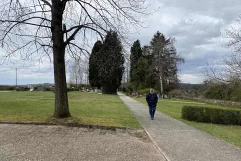 Rechts vom Weg sollen anonyme Urnenbestattungen möglich sein. Auf der freien Fläche links sollen fünf Bäume gepflanzt werden. Da