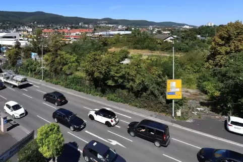 Der Blick auf das Bahn-Gelände an der Landauer Straße. 