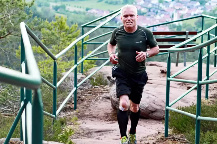 Der Höhepunkt der Joggingrunde mit Klaus Peter: die Aussichtsplattform am Löffelsberg bei Busenberg mit imposantem Blick auf Sch