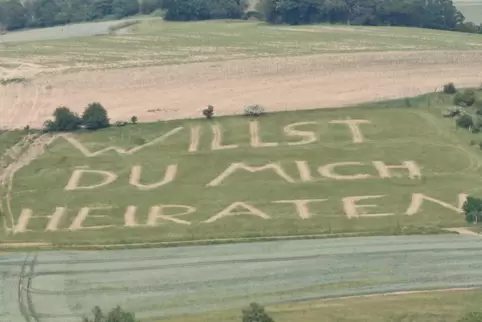 Mit dem Frontmähwerk hat Jens Borckholder seinen Heiratsantrag in eine Wiese bei Gerbach „gezaubert“. Dabei hat er zunächst mit 