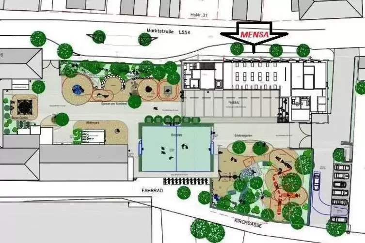 Der Plan für die neue Mensa. Rechts im Bild sind die Parkplätze, die teilwese überbaut werden. 