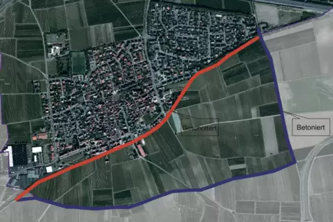 Sausenheim von oben: Der Radweg soll über die blau eingezeichnete Strecke führen. Das bedauern Grünstadter Ratsmitglieder. Ihnen