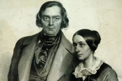 Robert Schumann mit seiner Frau Clara – eine Lithographie von Eduard Kaiser von 1847. 