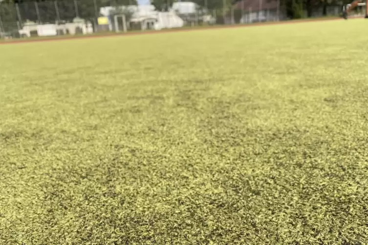 Die dunklen Flecken auf dem Kunstrasen des Stadions sind Algen.