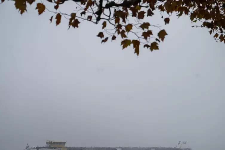 Rheinland-Pfalz, Mainz: Ein Schiff fährt durch den Nebel auf dem Rhein. 