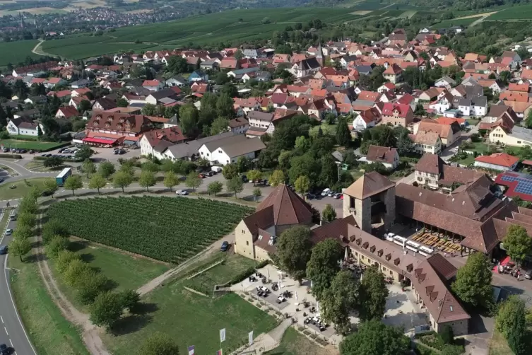 Das Deutsche Weintor in Schweigen aus der Vogelperspektive.