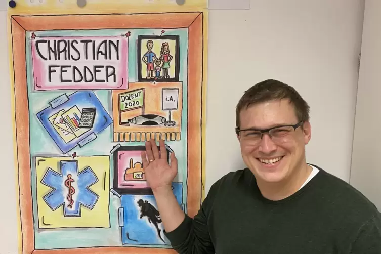 Selbstdarstellung auf selbstgestaltetem Flipchart: Jungunternehmer Christian Fedder.