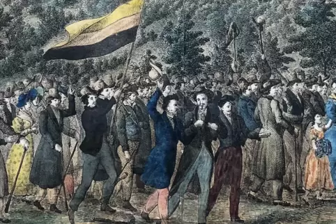 Bunter Zug auf das Hambacher Schloss, Ausschnitt aus einer kolorierten Lithographie aus dem Jahr 1832. 