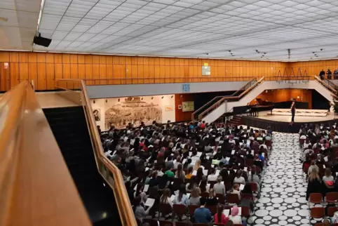 Die Holzvertäfelung in der Aula des Hannah-Arendt-Gymnasiums entspricht nicht mehr aktuellen Brandschutz-Vorschriften, hier ein 