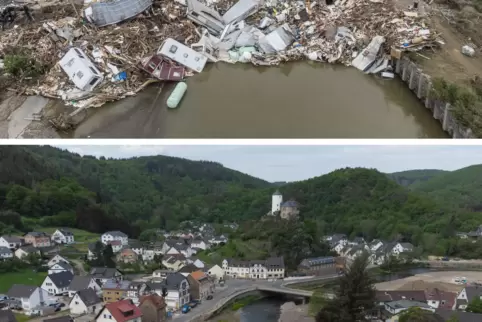 Am 19. Juli 2021 wurden mehrere Tote in den Trümmern bei Altenahr gefunden (oben). Am 10. Mai 2022 hat sich zwar die Landschaft 