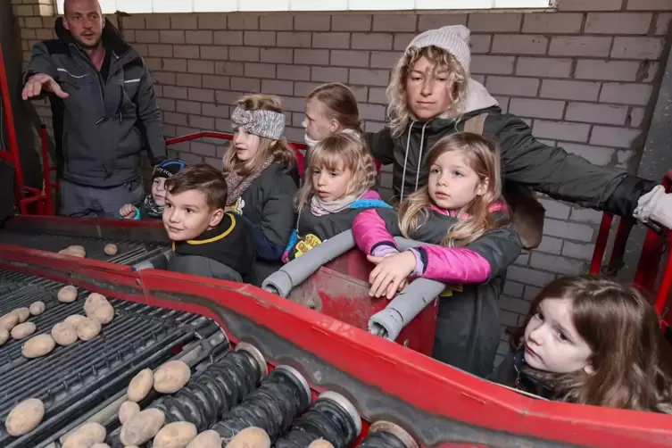 Schau mal, was da rollt: Die Kinder der Kita Weidstraße legen hier mit Erzieherin Michele Frantz Kartoffeln auf den Vollernter. 