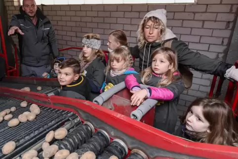Schau mal, was da rollt: Die Kinder der Kita Weidstraße legen hier mit Erzieherin Michele Frantz Kartoffeln auf den Vollernter. 