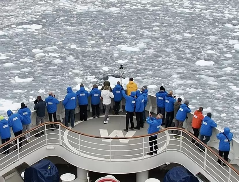 Das Schiff bahnt sich den Weg durch Eisschollen.