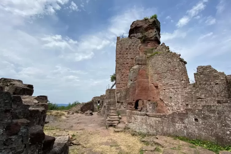 Skulpturale Ruinenlandschaft: die Hohenburg im Elsass. Der mit Buckelquadern ummantelte Felskopf trug einst einen Turm.