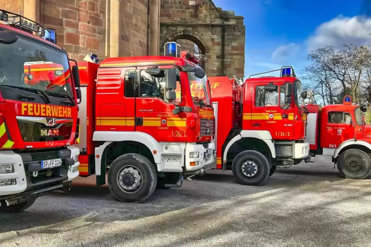 Präsentation am Dom: Speyerer Feuerwehrautos aus verschiedenen Generationen. 