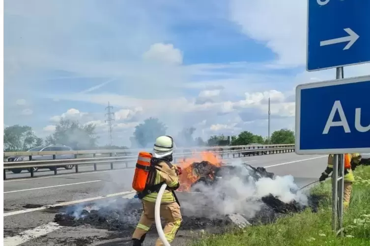 Während der Löscharbeiten auf der A6 im Bereich Frankenthal-Nord war die Fahrbahn am Samstagmittag kurze Zeit voll gesperrt. 