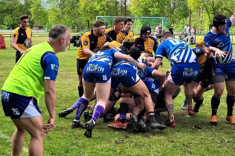 Honeybadgers-Trainer Clive French (links) beobachtet das Spiel seiner Mannschaft (in Blau) gegen den Stuttgarter RC. 