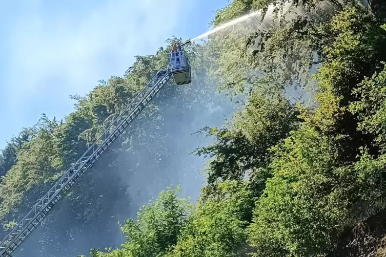 Im Bereich der Bärenhalde bekämpfte die Feuerwehr den Brand von der Drehleiter aus. 