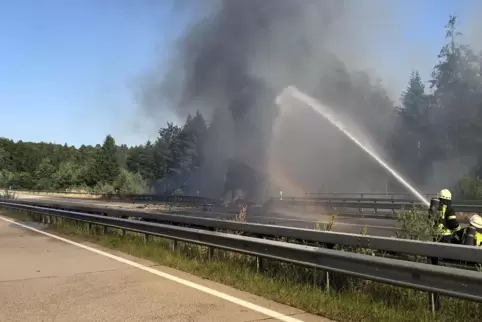 Aus sicherer Entfernung: Wehrleute löschen den Transporter. 