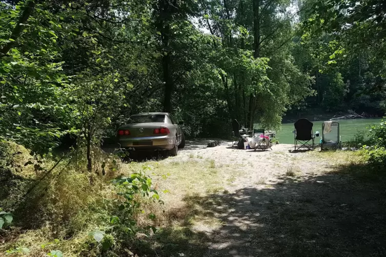 Angler am Altrhein: Manche fahren mit dem Auto verbotenerweise durch den Wald.