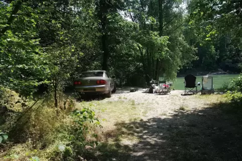 Angler am Altrhein: Manche fahren mit dem Auto verbotenerweise durch den Wald.