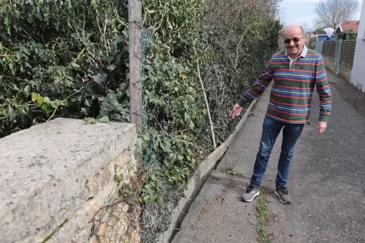 Bürgermeister Elmar Reichert zeigt die schadhafte Stelle in der Straße Hinter der Kirche.