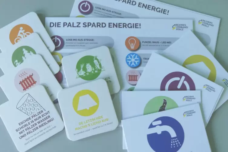 Tipps zum Energiesparen auf Pfälzisch: Werbemittel der Klimaschutzmanagerin des Bezirksverbands Pfalz, Carolin Sperk.