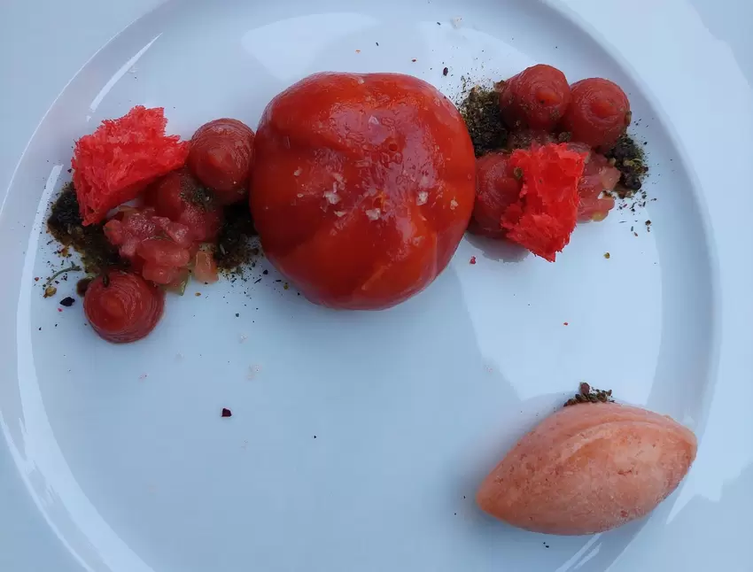 Tomate unterschiedlich interpretiert, unter anderem als Sorbet und Mousse mit Geleemantel.