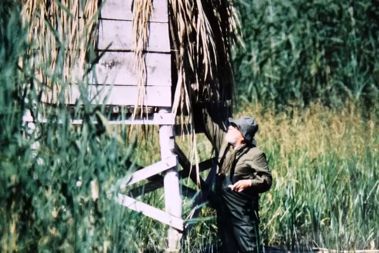 Rudolf Spacke vor 25 Jahren, als er sich für eine Tieraufnahme durch hüfthohes Wasser zu einem Ansitz schlich. 