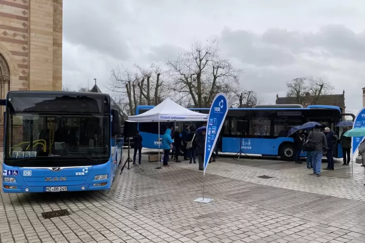 Präsentation am Dom: links ein etwas kleinerer Bus für die Maximilianstraße, rechts ein „normaler“ Bus.