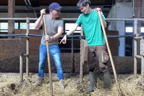 Bringen den Stall auf Vordermann: RHEINPFALZ-Redakteur Christoph Hämmelmann und Lebenshilfe-Mitarbeiter Noah. 