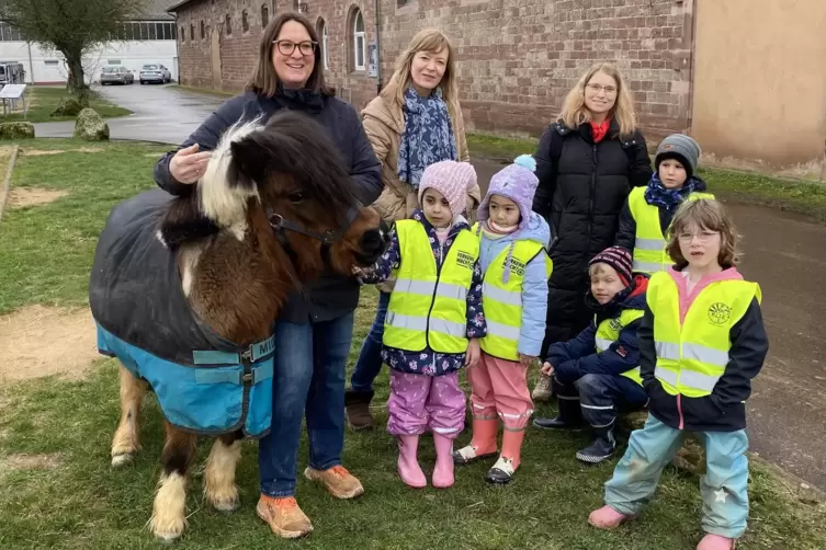 Gute Nachbarn: Pony Susi und die Kita-Kinder (von links nach rechts) Dania, Jenny, Ben-Jonas, Saoud und Sofie. Die Großen sind (