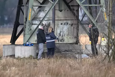 Polizeibeamte am mutmaßlichen Tatort: Ausgelöst hat den Stromausfall der Brand eines Hochspannungsmastes.