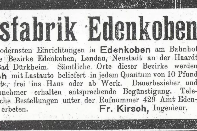 Inserat im Edenkobener Geschäfts-Anzeiger aus dem Frühjahr 1929. 