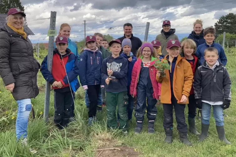 Erlebnistag im Kinder-Wingert: die Gruppe mit (v.li.) Martina Schnitzer- Stumpf, Thomas Zeter, Lara Brand und Natalie Zeter. 