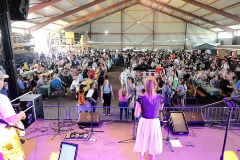 Die Band Franken X-Press unterhält das Publikum beim Scheunenfest in Dellfeld. 