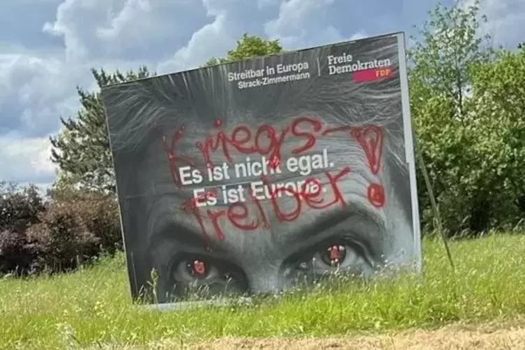 Das besprühte Plakat am Kreisel Neustadter Straße. 