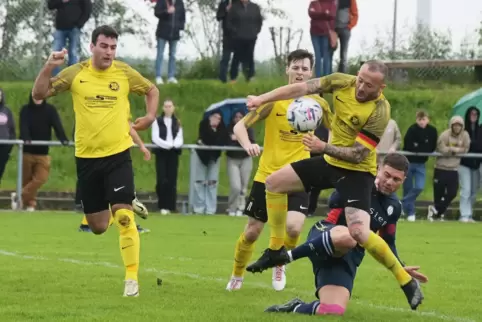 Die Hermersberger (von links) Lukas Bißbort, Noah Buchmann und Pascal Masch, hier im Spiel gegen Basara Mainz. 