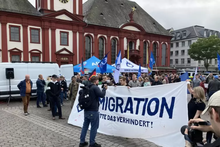 Auf Transparenten fordern die Demonstranten von AfD und der AfD-Jugendorganisation die „Remigration“. 