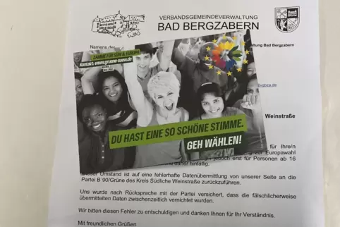 Die Postkarte der Grünen und das Entschuldigungsschreiben der Verbandsgemeinde Bad Bergzabern. 
