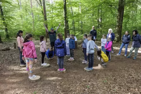 Unter Anleitung von Förster Werner Zell verwandelten sich die Schüler in „Bäume“. Später werden sie „gefällt“.