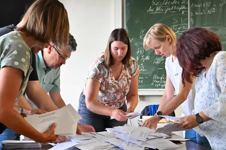 Auszählung der Briefwahl-Stimmen in der Berufsbildenden Schule: Am Sonntag wurden zunächst nur die Listenstimmen ausgezählt. 